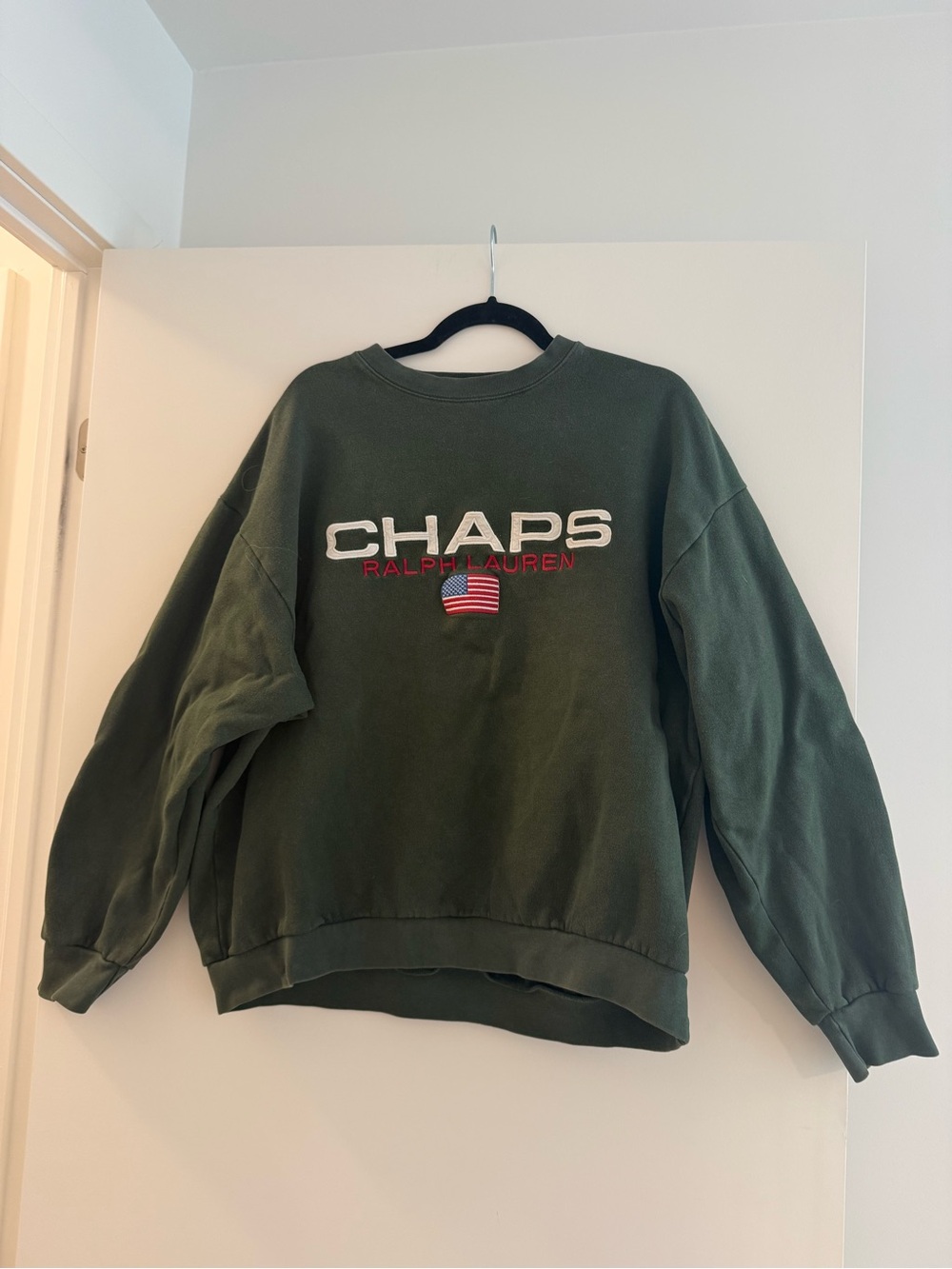 Ralph Lauren Chaps Forest Green Crewneck Sweatshirt with Flag Patch